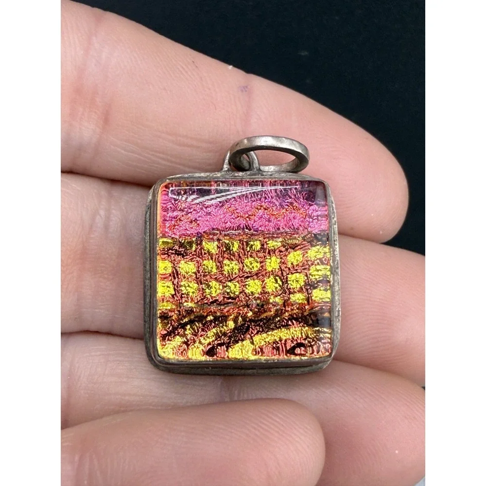 Vintage Dichroic Glass‎ Pendant Pink Yellow Sterling Silver